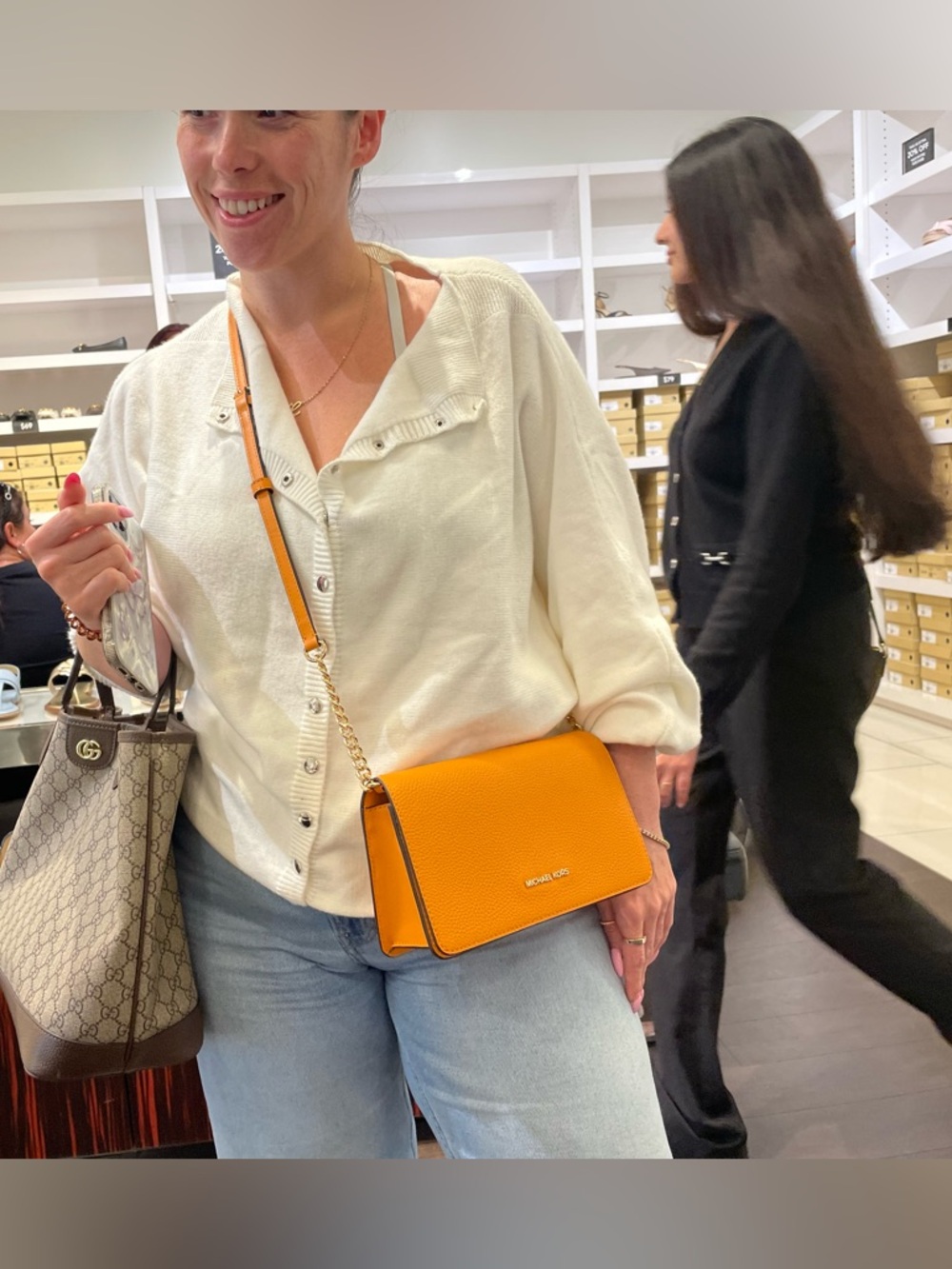 Michael Kors Orange Pebbled Leather Crossbody with Gold Chain